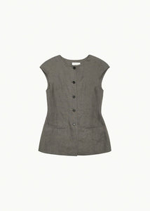 linen curved vest, khaki