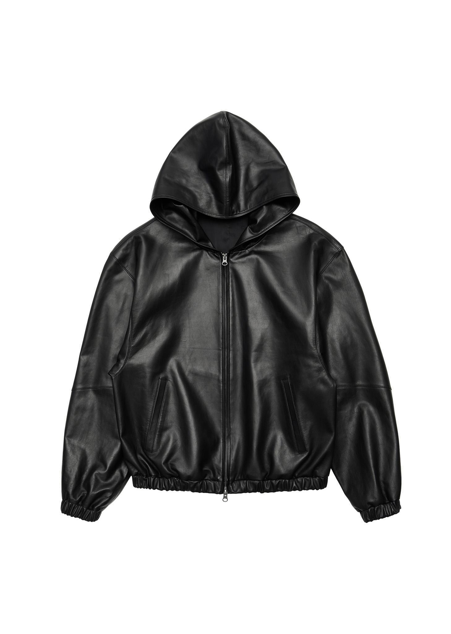 lambskin leather hood jumper, black
