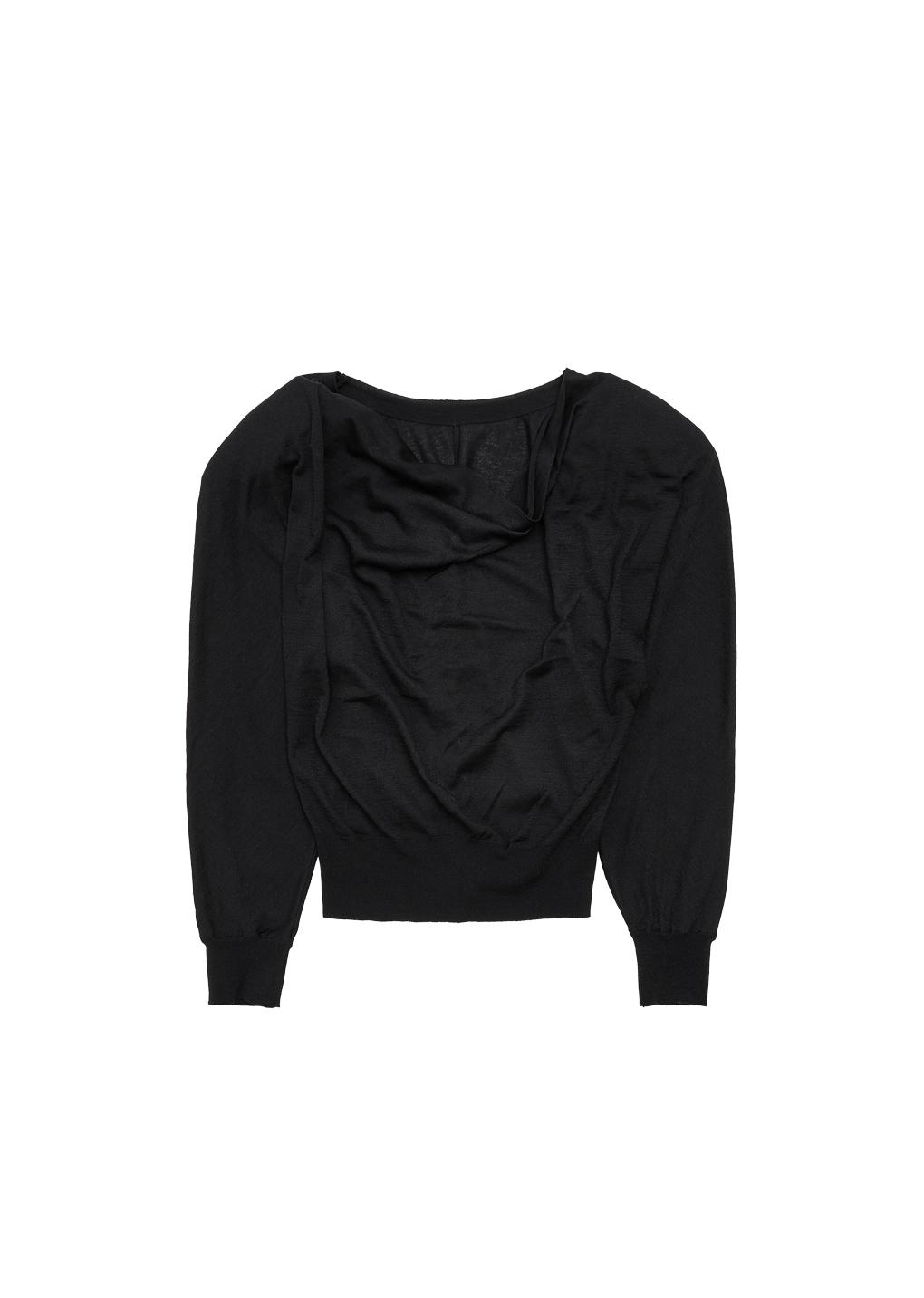 wool silk draped round sleeve knit, black